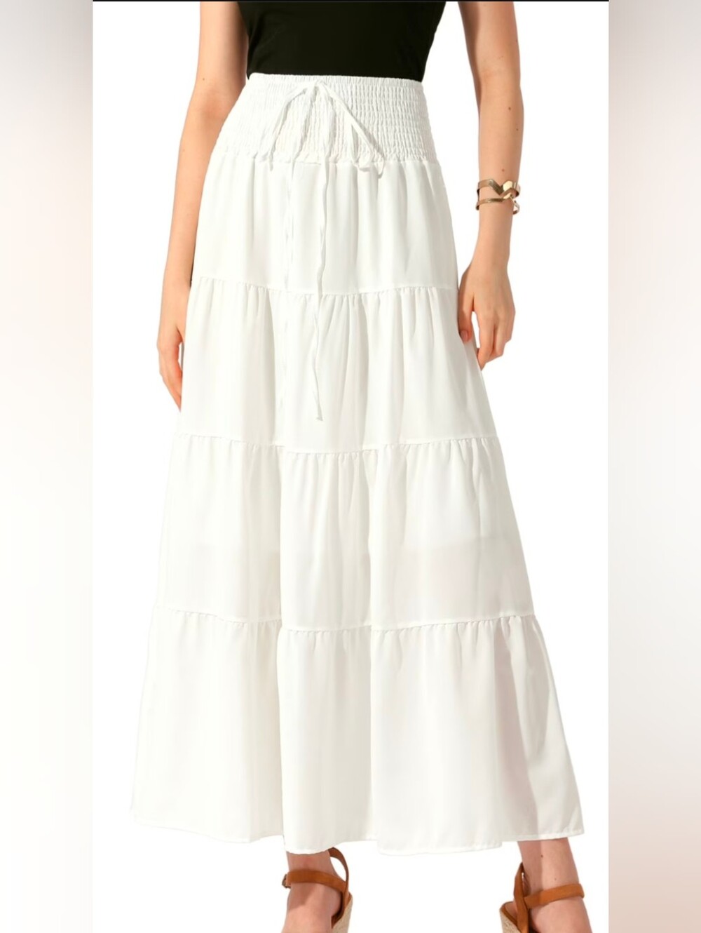 Haeof White Tiered Maxi Skirt Smocked Waist XL